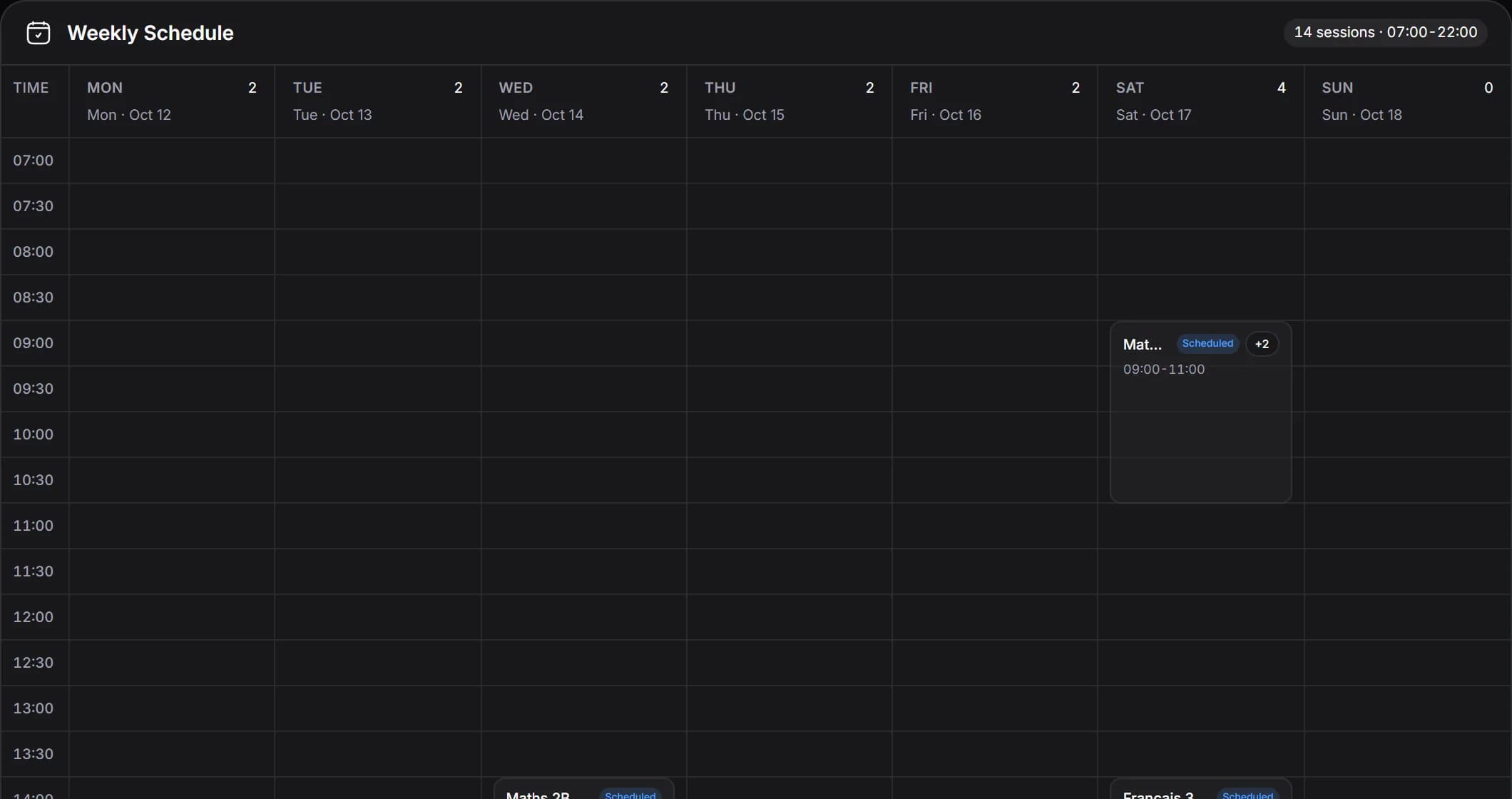 The week's timetable in MyCentreKey, each class with its teacher and room