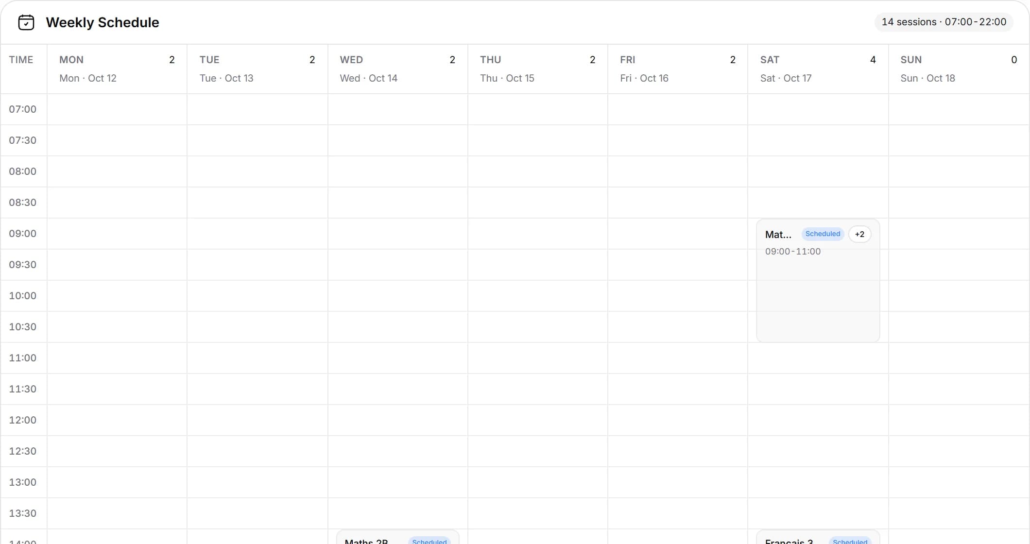 The week's timetable in MyCentreKey, each class with its teacher and room