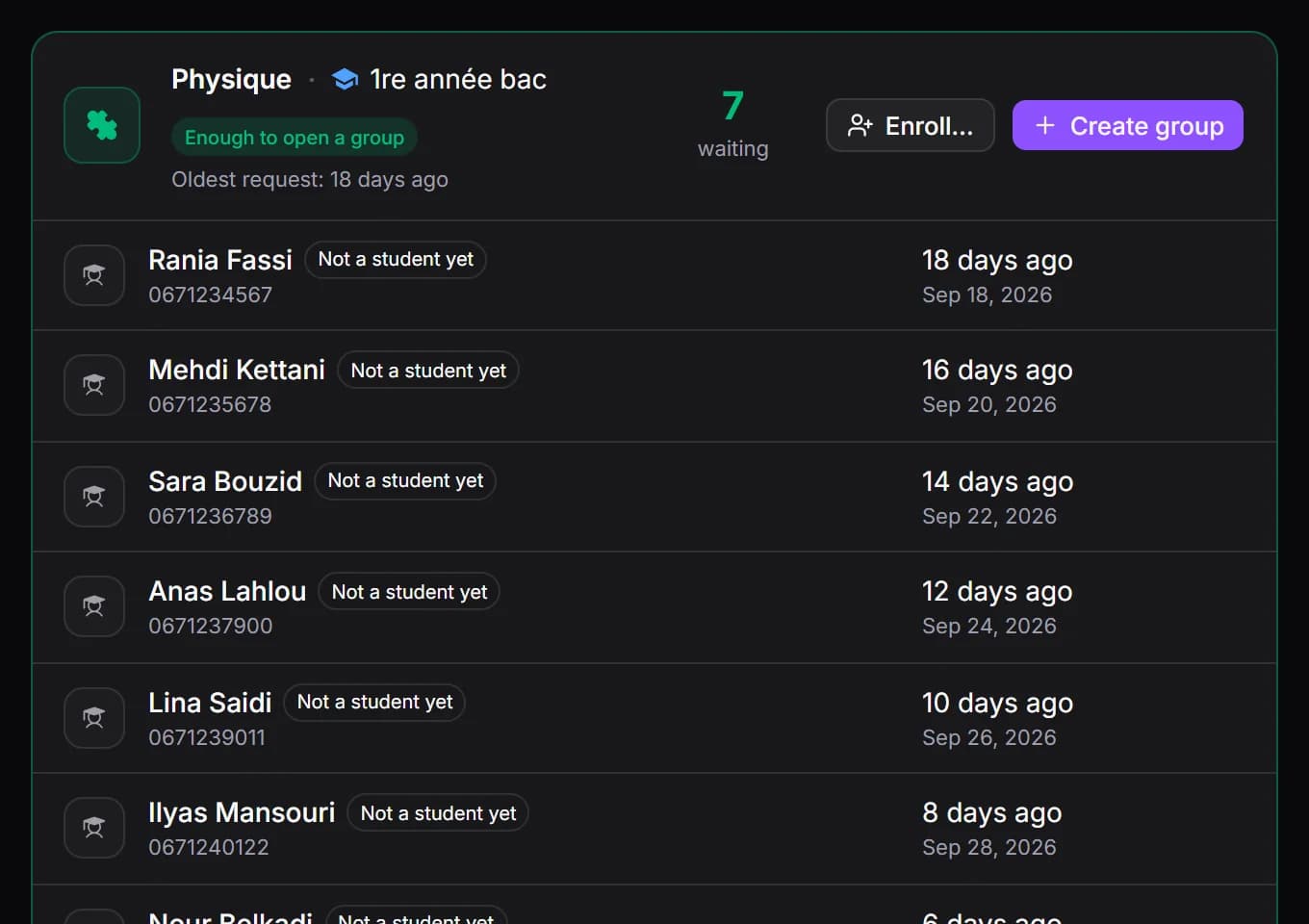 The waiting list in MyCentreKey, by level and subject
