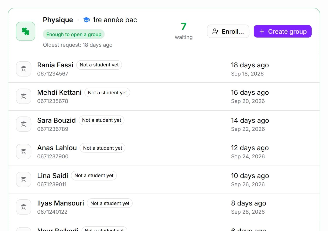 The waiting list in MyCentreKey, by level and subject