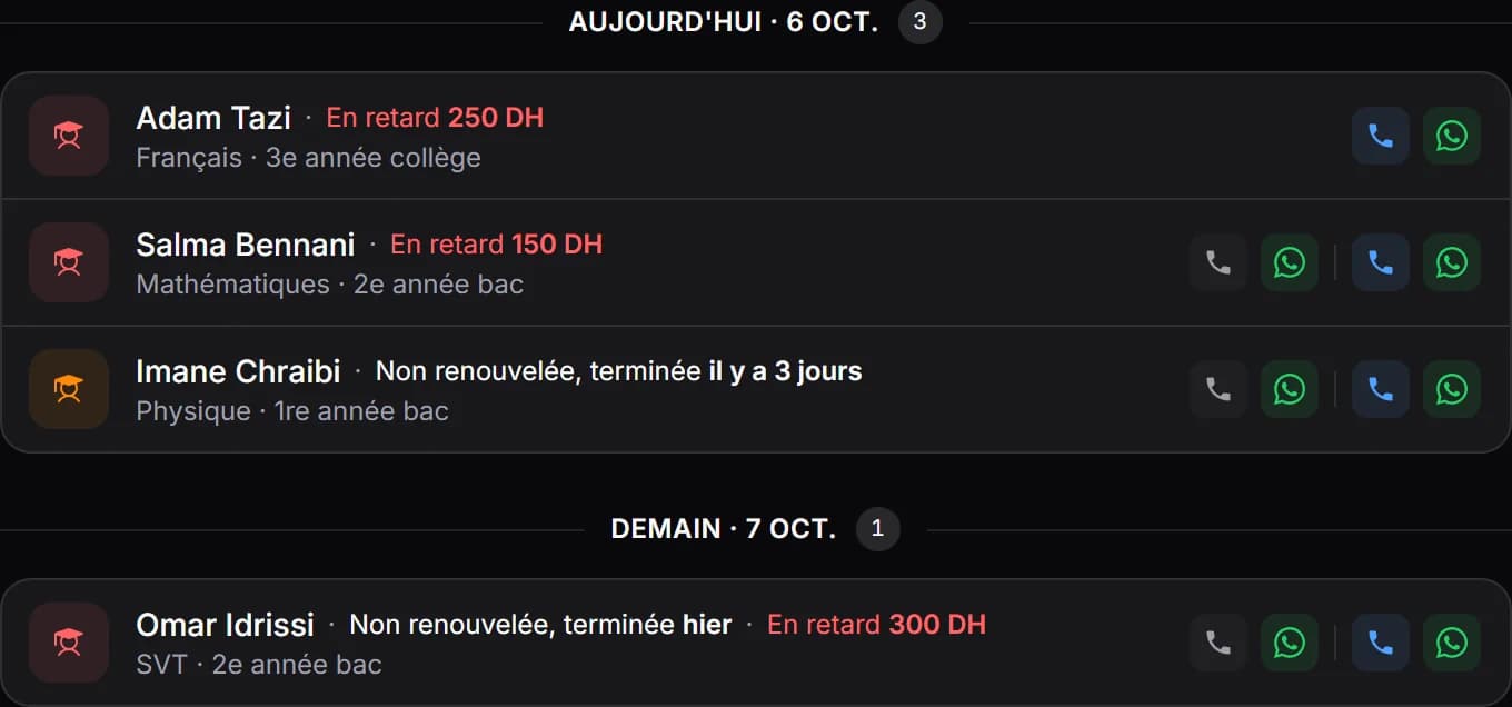Les relances des impayés dans MyCentreKey, prêtes à envoyer sur WhatsApp