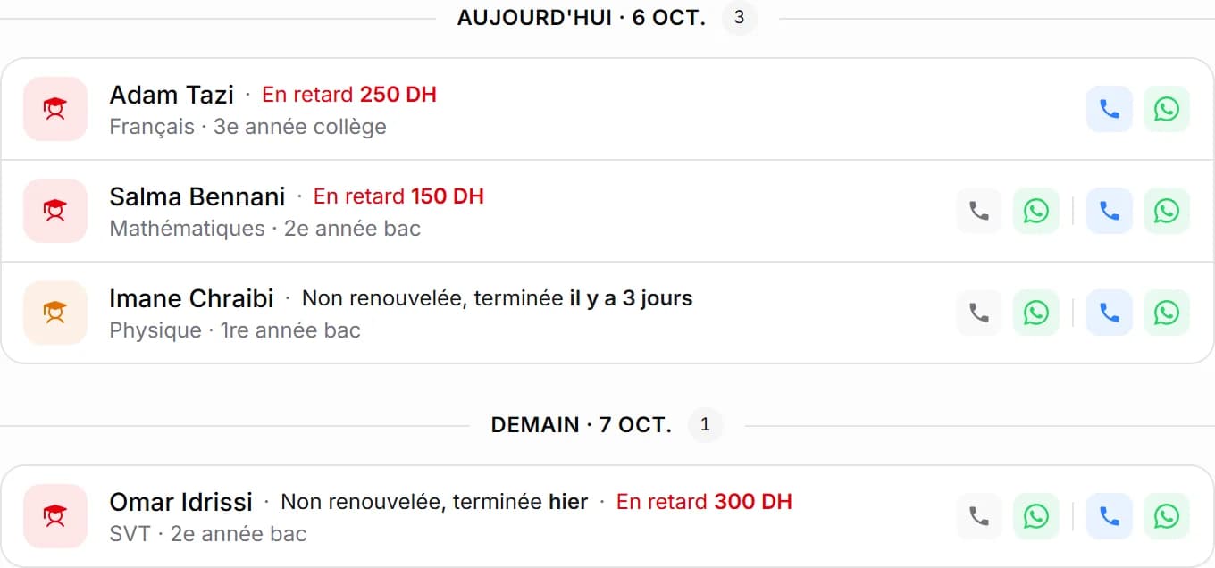 Les relances des impayés dans MyCentreKey, prêtes à envoyer sur WhatsApp