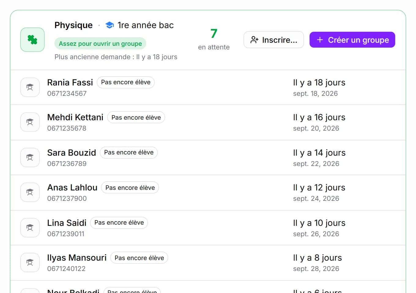 La liste d'attente dans MyCentreKey, par niveau et par matière
